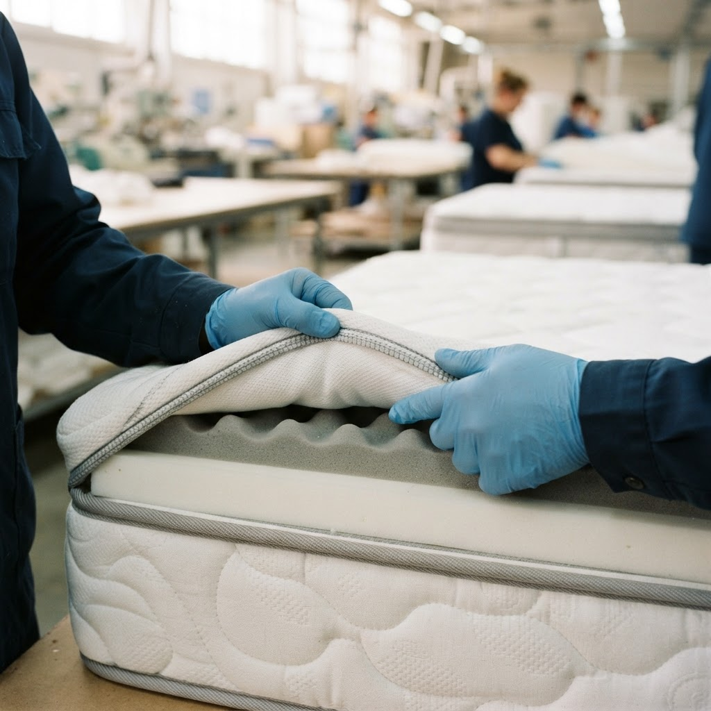 Quality control inspection of a mattress edge and foam layers at the Boskim Talvex factory
