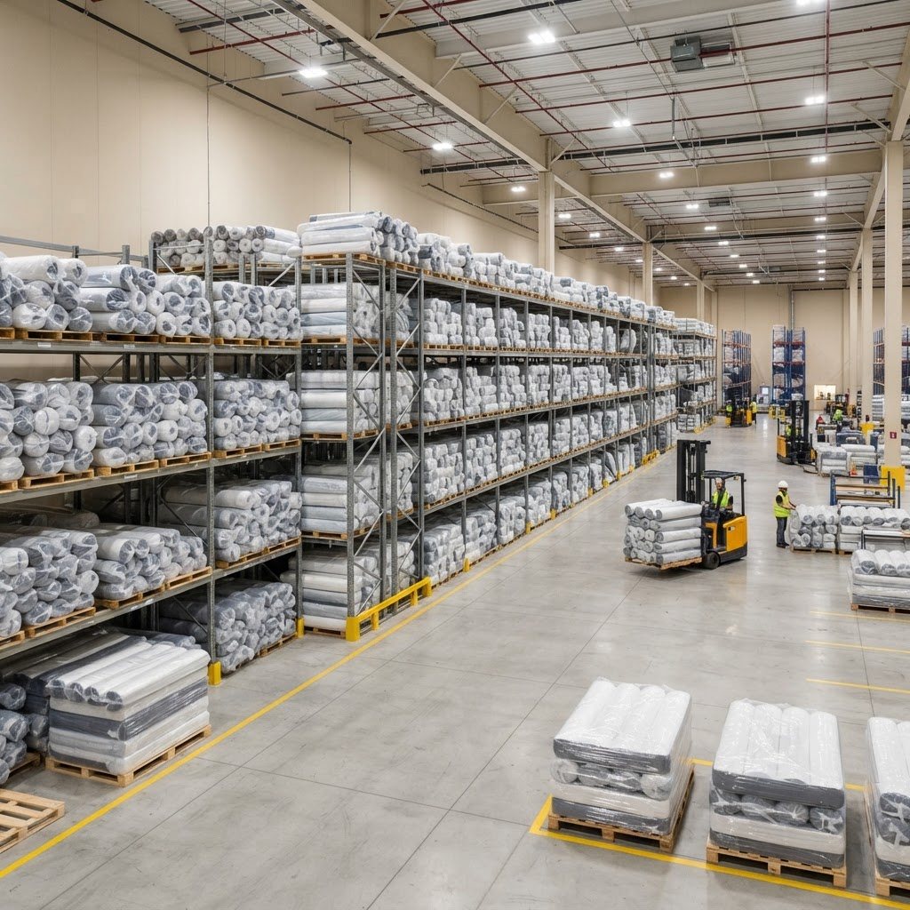 Warehouse with compressed and shrink-wrapped mattresses staged for shipping